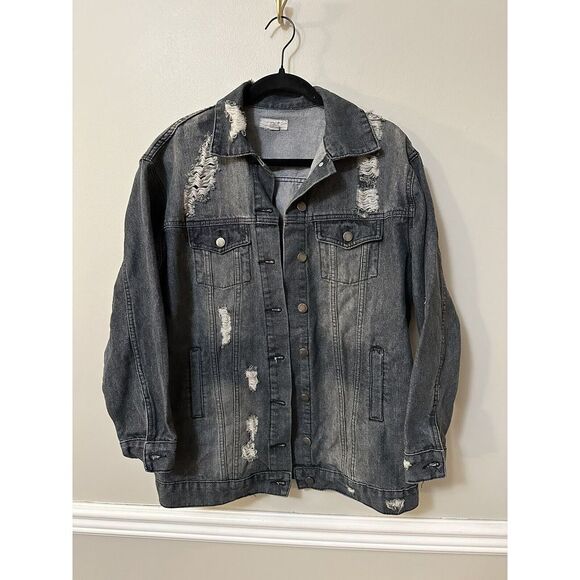 Easel Black Washed Distressed Denim Jacket‎ Button Front Oversized Size S - Picture 1 of 7